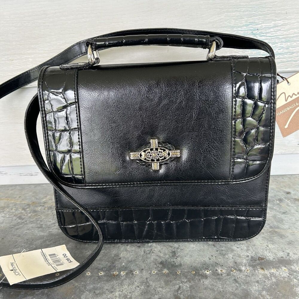 Vintage MARLO Black Croc Embossed Crossbody Bag Top Handle Cross Ornament NWT